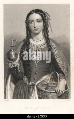 Matilda von Schottland, Ehefrau von König Heinrich i., Königin von England, mit einem Korb mit Brot und Metall Kanne. Stockfoto