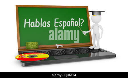 Laptop mit Kreide an Bord statt des Bildschirms und der Mann mit dem Hut, den Master auf die Inschrift - Sie verweist Spanisch sprechen? Stockfoto