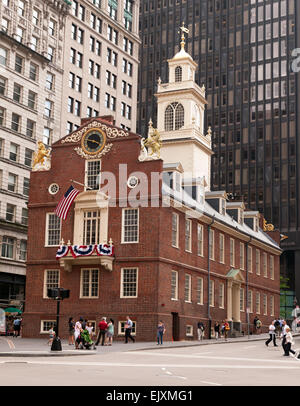 Blick von der Old State House, an der Kreuzung von Washington und State Street, Boston. Stockfoto