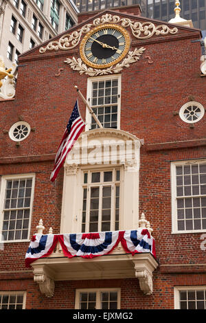 Nahaufnahme von der Vorderseite des das Old State House, an der Kreuzung von Washington und State Street, Boston. Stockfoto