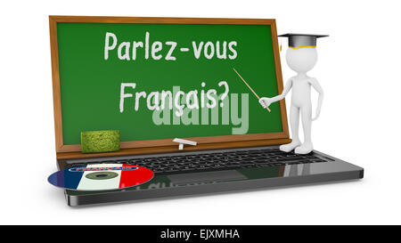 Laptop mit Kreide an Bord statt des Bildschirms und der Mann mit dem Hut, den Master auf die Inschrift - Sie verweist sprechen Französisch? Stockfoto