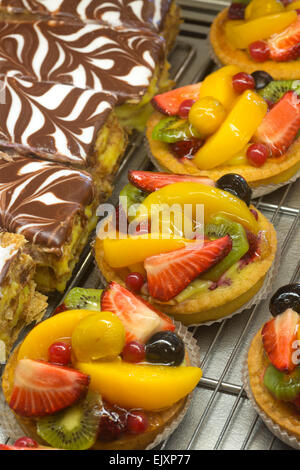 Die Anzeige von Gebäck in einem Kuchen-Schaufenster (Frankreich). Konditorei. Obst-Törtchen. Obst-Törtchen. Stockfoto