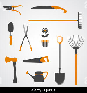 Satz von gelben und grauen Vektor-Icons der Gartenwerkzeuge. Stockfoto