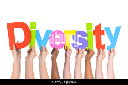 Diverse Hände halten das Wort Vielfalt Stockfoto