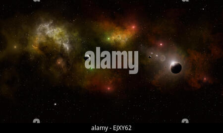 abstrakte imaginären Weltraum Nebel Hintergrund mit Planeten und Sternen Stockfoto