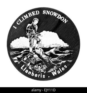 Souvenir-Achterbahn "I Climbed Snowdon" von Llanberis, Wales. Hergestellt aus walisischen Schiefer. Stockfoto