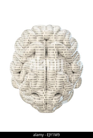 3D Render des Gehirns bedeckt im Binärcode Nullen und Einsen Stockfoto