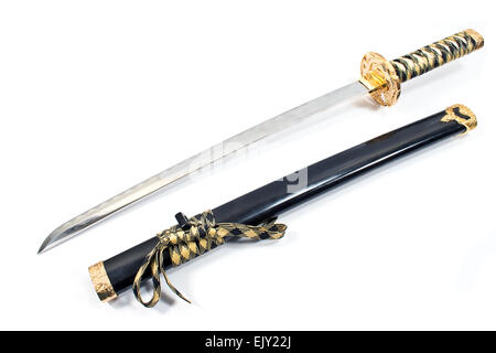 Japanische Samurai Katana Schwert isoliert auf weiss Stockfoto