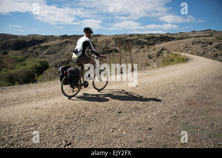 Ältere männliche Radfahrer auf der Central Otago Rail Trail, Südinsel, Neuseeland. Stockfoto