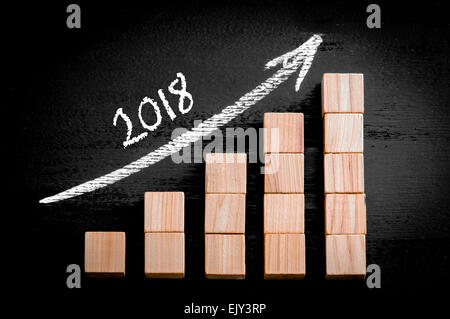 Jahr 2018 auf aufsteigender Pfeil oben Balkendiagramm der hölzerne kleine Würfel auf schwarzem Hintergrund isoliert. Kreidezeichnung auf Tafel. Firmen-Konzept-Image. Stockfoto