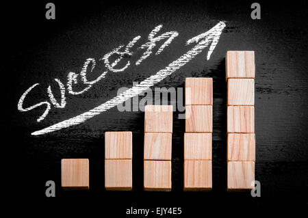 Wort-Erfolg auf aufsteigender Pfeil oben Balkendiagramm der hölzerne kleine Würfel auf schwarzem Hintergrund isoliert. Kreidezeichnung auf Tafel. Firmen-Konzept-Image. Stockfoto