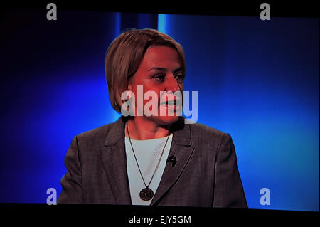 Natalie Bennett der Führer der Partei der grünen beteiligt sich an der 7-polig UK Wahldebatte Führer live im Fernsehen. Stockfoto