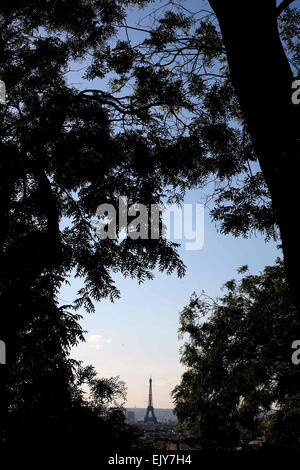 Der Eiffelturm, Paris, gesehen durch Bäume von Montmartre Stockfoto