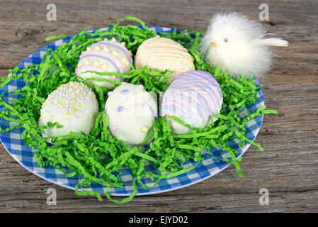 Dekorierte Osterkekse mit Küken im grünen Rasen und "Gingham" Pappteller. Stockfoto