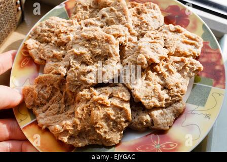 Rohe Soja Fleisch vegane und vegetarische Schnitzel hacken auf bunte Teller Stockfoto