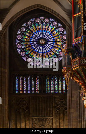 Glasfenster in der Notre Dame Kathedrale von Straßburg, Frankreich Stockfoto