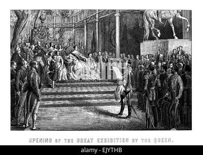 gravierte Darstellung der Eröffnung der großen Ausstellung von Königin Victoria, Hyde Park, London 1851 ca. 1897. Konzipiert von Prinz Albert, sollte die große Ausstellung "Werke der Industrie aller Nationen" zu präsentieren. Stockfoto
