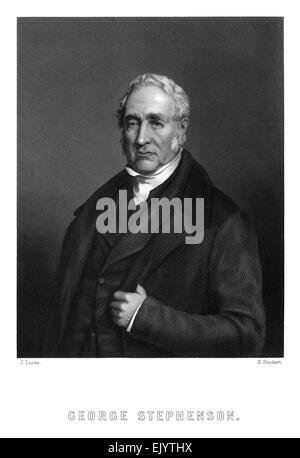 gravierte Portrait Illustration von George Stephenson (1781-1848) ca. 1845. Er war ein englischer Bauingenieur und Erfinder, der die erste öffentliche inter-City-Eisenbahnlinie der Welt mit Dampflokomotiven gebaut. Stockfoto