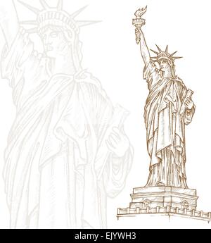 Freiheitsstatue Liberty Hand zeichnen auf weißem Hintergrund Stock Vektor