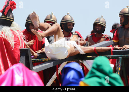 Pampanga, Philippinen. 3. April 2015. Ruben Enaje, 55 wird am Kreuz, um die Kreuzigung von Jesus Christus in Cutud, Pampanga am Karfreitag nachspielen genagelt. Obwohl von der katholischen Kirche dringend davon abgeraten, weiterhin die jährliche Tradition Hunderte von Teilnehmern und Touristen zu ziehen. Bildnachweis: Mark Cristino/Pacific Press/Alamy Live-Nachrichten Stockfoto