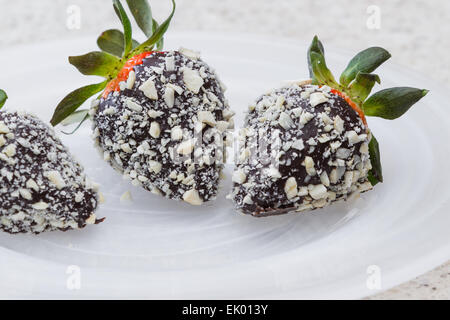 Erdbeeren in Schokolade getaucht und dann rollte auf gerösteten Cashew-Kerne auf dem Silbertablett serviert Stockfoto