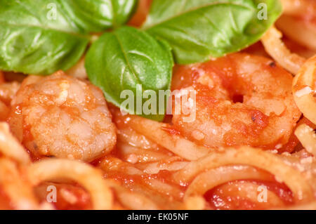 Garnelen Spaghetti in Tomatensauce und Olivenöl Stockfoto