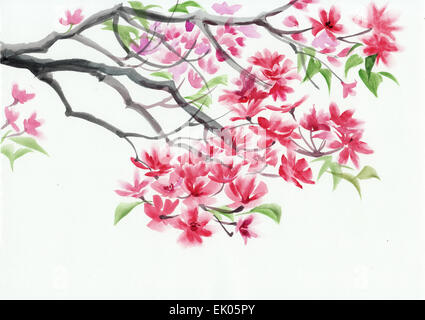 Baum in Blüte mit rosa Blumen Aquarell. Asiatischen Stil. Stockfoto