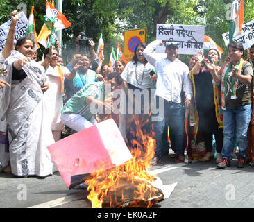 Neu-Delhi, Indien. 3. April 2015. Aktivist brennen das Foto des Außenministers vor BJP Hauptsitz gegen Union Minister Giriraj Singh; die Anweisung ist gegen UPA Vorsitzenden Sonia Gandhi & Demand Resignation für BJP In New Delhi. © Wasim Sarvar/Pacific Press/Alamy Live-Nachrichten Stockfoto