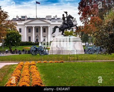 Des Präsidenten Andrew Jackson Statue Canons Park Lafayette Square White House Herbst Washington DC 1850 Clark Mills Bildhauer Stockfoto