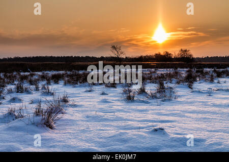 Winter an einem See mit Sonnenuntergang Stockfoto