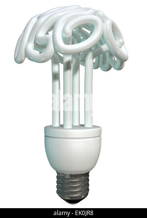 Eine regelmäßige Leuchtstoff Glühlampe in Form eines stilisierten Gehirns auf einem isolierten weißen Hintergrund Stockfoto