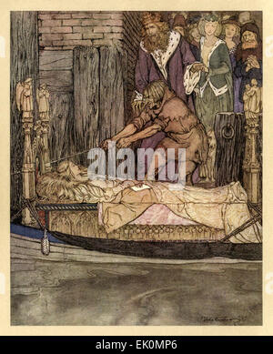 "Wie König Arthur und Königin Guinevere ging, um das Schiff zu sehen, der der Leiche von Elaine die holde Maid von Astolat trug." von "The Romance of King Arthur und seine Ritter der Tafelrunde", Illustration von Arthur Rackham (1867-1939). Siehe Beschreibung für mehr Informationen. Stockfoto