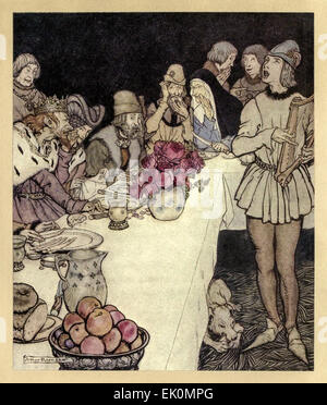 "Wie bei einem großen fest, dass König Marke gemacht kam Eliot Harper und sang der lag das Dinadan von"The Romance of King Arthur und seine Ritter der Tafelrunde", Illustration von Arthur Rackham (1867-1939) machte.". Siehe Beschreibung für mehr Informationen. Stockfoto