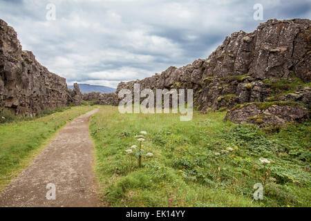 Weg durch die Klippen von Lava Felsformationen im Nationalpark Thingvellir, Island Stockfoto