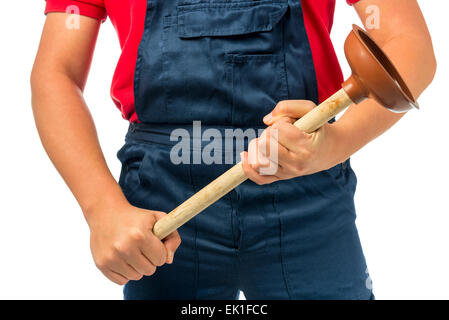 Kolben für Rohr in den Händen eines Klempners Stockfoto