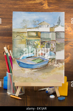 Bilderrahmen und Lacke auf Holz Hintergrund Stockfoto