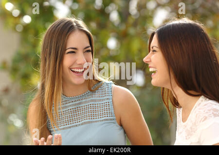 Glückliche Frauen reden und Lachen in einem Park mit einem grünen Hintergrund Stockfoto