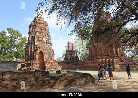 Ayutthaya, Thailand. 23. Februar 2015. Touristen stehen neben einem Prang (Tempelturm) inmitten der Ruinen der Tempel Komplex Wat Mahathat in Ayutthaya, Thailand, 23. Februar 2015. Nach dem königlichen Rekorde von Ayutthaya, die buddhistische Tempelanlage Baubeginn 1374 unter der Herrschaft von König Borommaracha I. Foto: Alexandra Schuler/Dpa - NO-Draht-SERVICE-/ Dpa/Alamy Live News Stockfoto