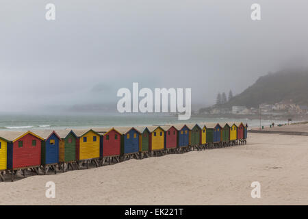 Mehrfarbige Sommerstrand Hütten am Strand von Muizenberg, Western Cape, Südafrika. Stockfoto