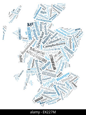 Eine Wordcloud des Landes von Schottland hergestellt aus alle seine Städte und Gemeinden. Stockfoto