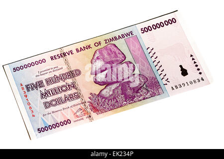 500 Millionen Dollar (500.000.000 Dollar) Banknote von Bank of Zimbabwe 2009 aufgrund einer Hyperinflation. Hinweis: Dies ist mittlerweile veraltet Stockfoto