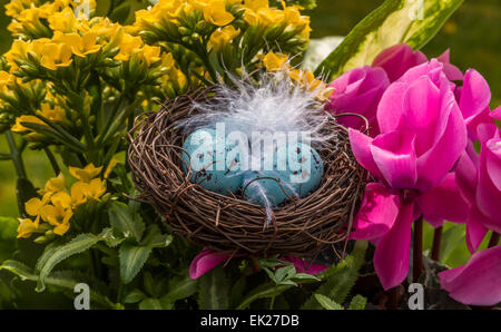 Flachen Fokus auf Ostereier in einem gefiederten Nest, umgeben von einem Blumen-Arrangement. Stockfoto