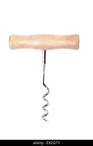 hölzerne Korkenzieher isoliert auf weißem Hintergrund Stockfoto