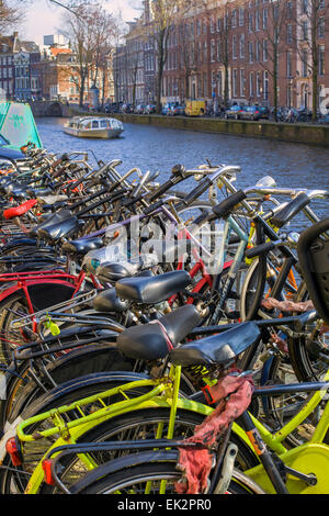 Geparkte Fahrräder in der Nähe von einer Gracht in Amsterdam, Niederlande Stockfoto