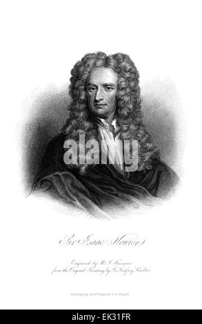 gravierte Portrait Illustration von Sir Isaac Newton (1642-1727) war ein englischer Physiker und Mathematiker, der als einer der einflussreichsten Wissenschaftler aller Zeiten und als Schlüsselfigur in der wissenschaftlichen Revolution weitgehend anerkannt ist. Gestochen von Samuel Freeman (1773-1857) aus einem Gemälde von Sir Godfrey Kneller (1646-1723) Stockfoto