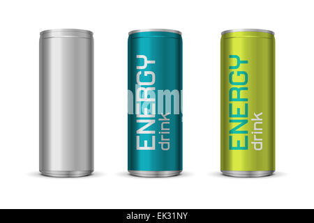 Vektor-Illustration der Energy-Drink Dosen in verschiedenen Farben, isoliert auf weißem Hintergrund Stockfoto