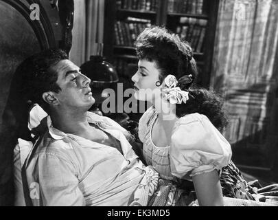 Victor Mature, Linda Darnell, am Set des Films "My Darling Clementine", 1946, 20th Century Fox Film Corp. Alle Rechte vorbehalten Stockfoto
