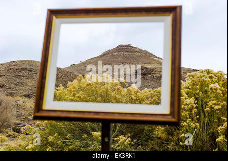 Ein Künstler hat Bilderrahmen kreativ an strategisch wichtigen Punkten auf verlassenen Eisenbahn-Grundstück in der Nähe von Salida, Colorado, USA platziert. Stockfoto