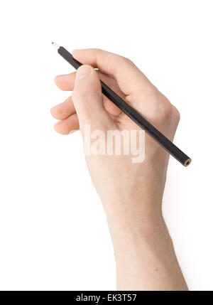 Männer Hand mit einem Bleistift auf einem weißen Hintergrund Stockfoto