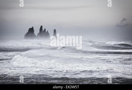 Riesige Wellen und Seegang entlang der südlichen Küste von Island batter die Felsnadeln in der Nähe von Vik. Stockfoto